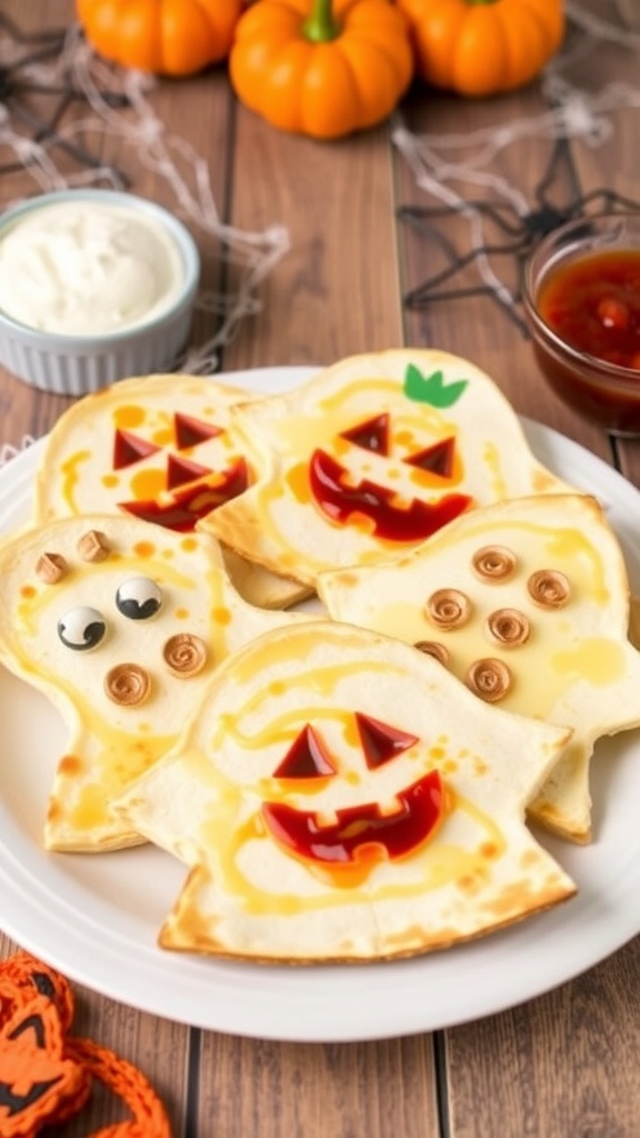 Halloween quesadillas shaped like ghosts and pumpkins, served with sour cream and salsa.
